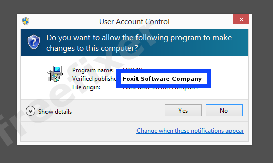 Screenshot where Foxit Software Company appears as the verified publisher in the UAC dialog